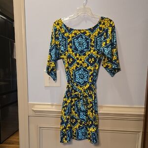 Leota M Britney Mosaic Blue and Yellow Midi Dress